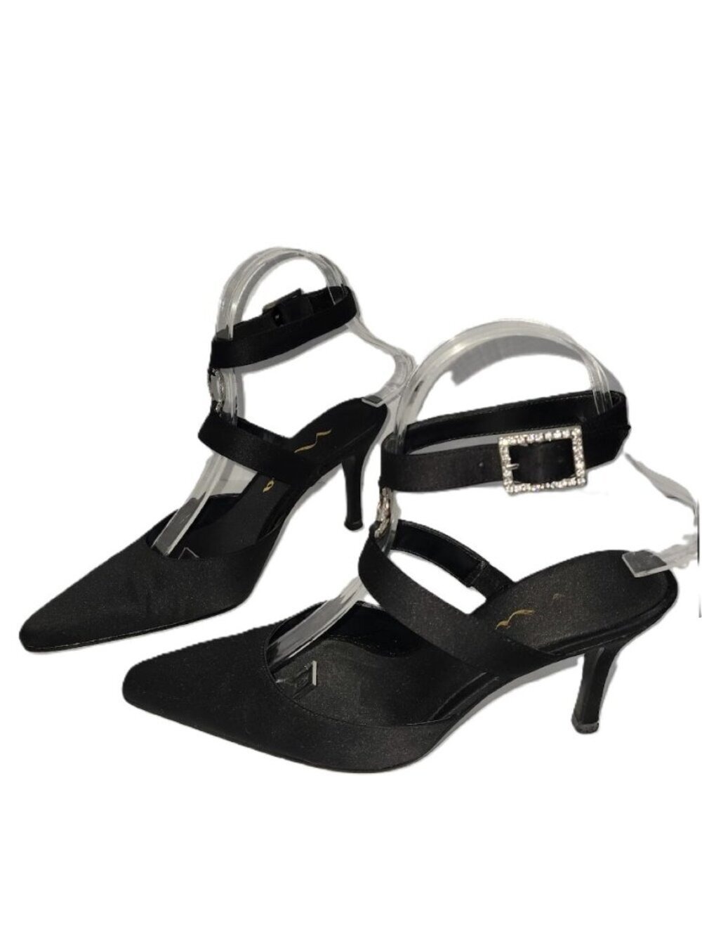 Nina Black Sateen Ankle Strap Heels W/Rhinestone Embellishment Women's Size 6.5
